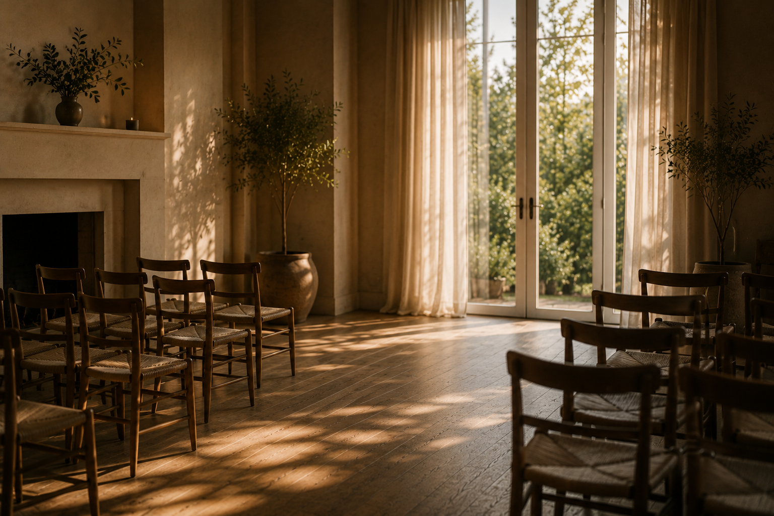 A warm room with wooden chairs, sunlight and a fireplace — the gathering place