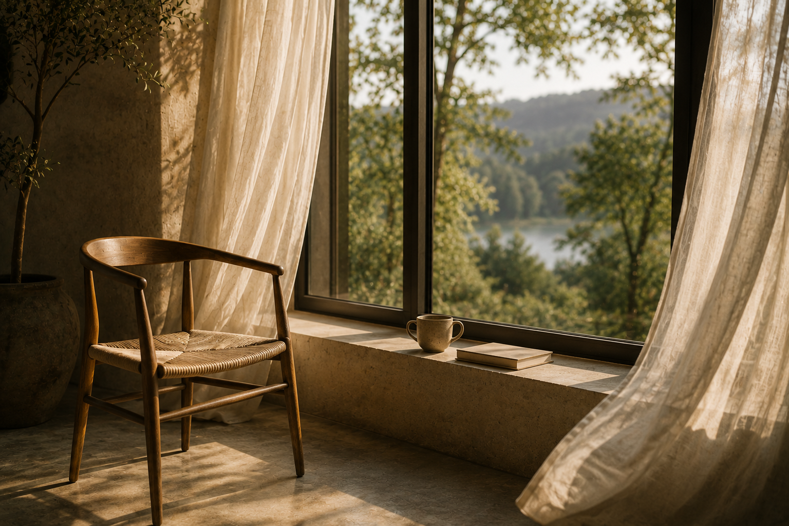 A wooden chair by a window overlooking trees and water — the pause
