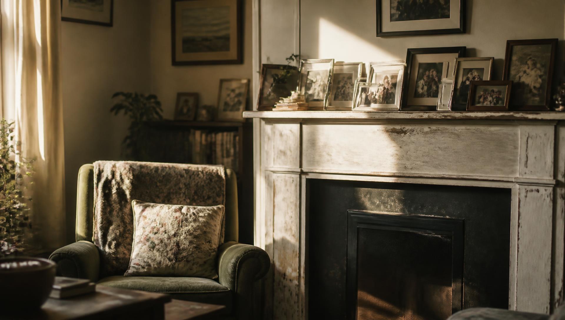Late afternoon light falling across a family mantelpiece of old framed photographs