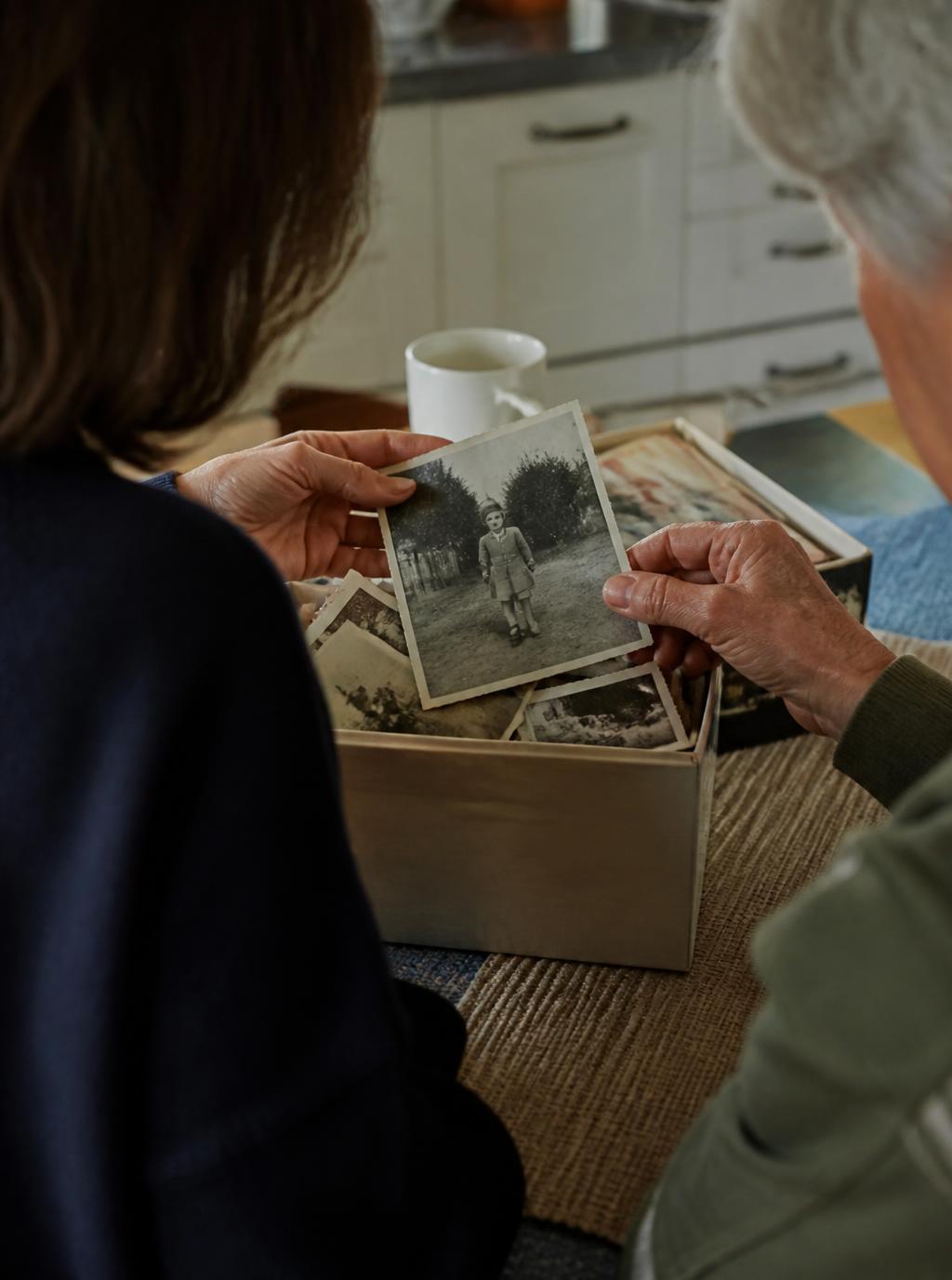 Two people at a kitchen table looking through a box of old family photographs