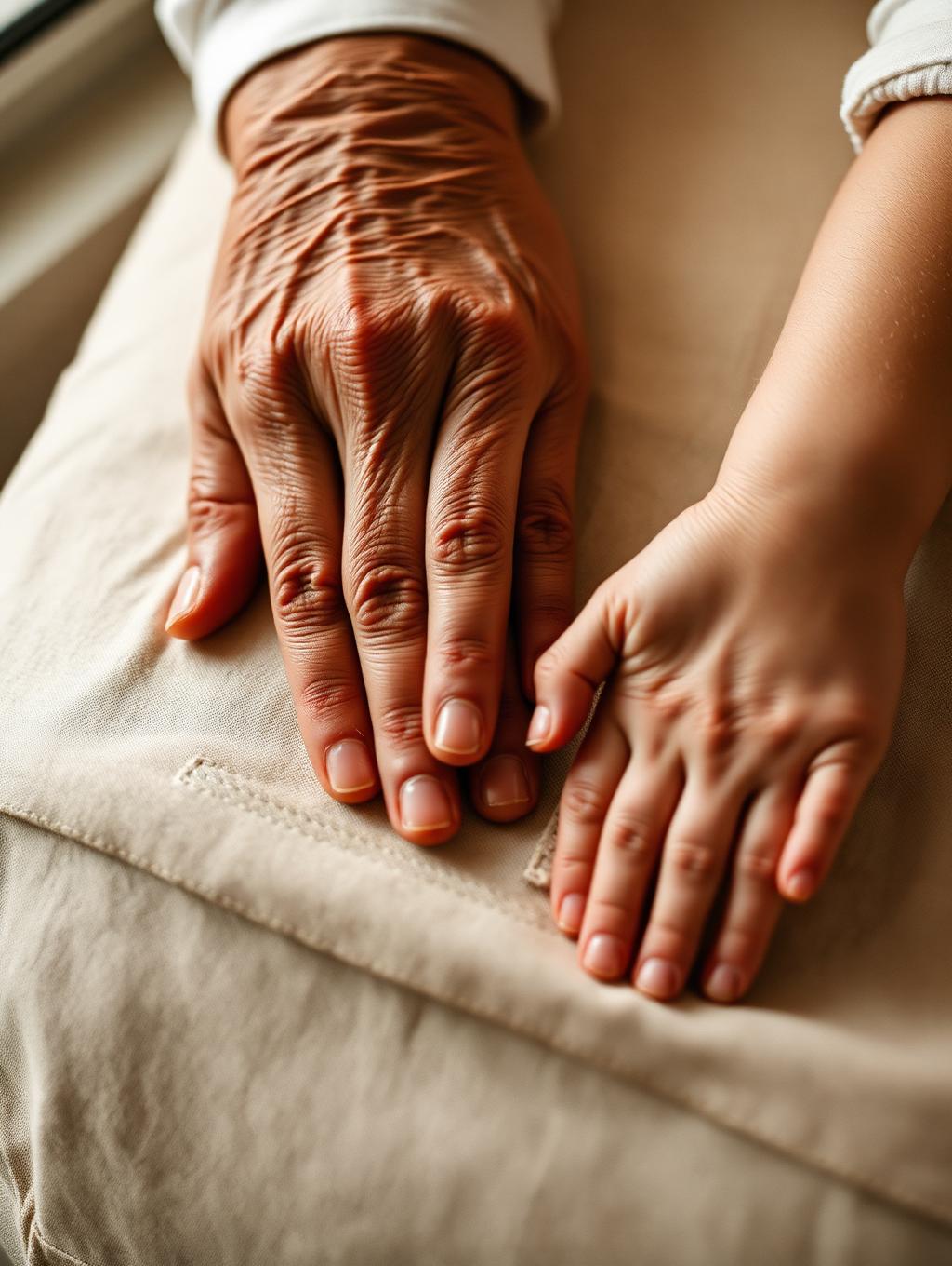 Three generations of hands gently resting together on linen