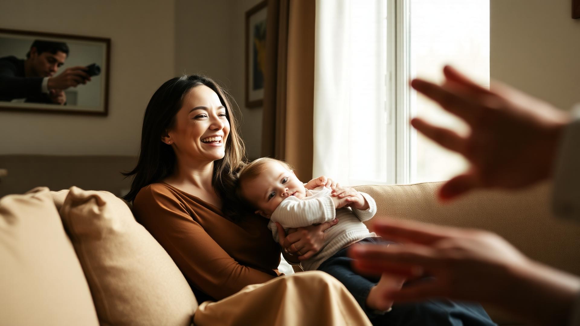 A family welcoming a new child in soft window light at home