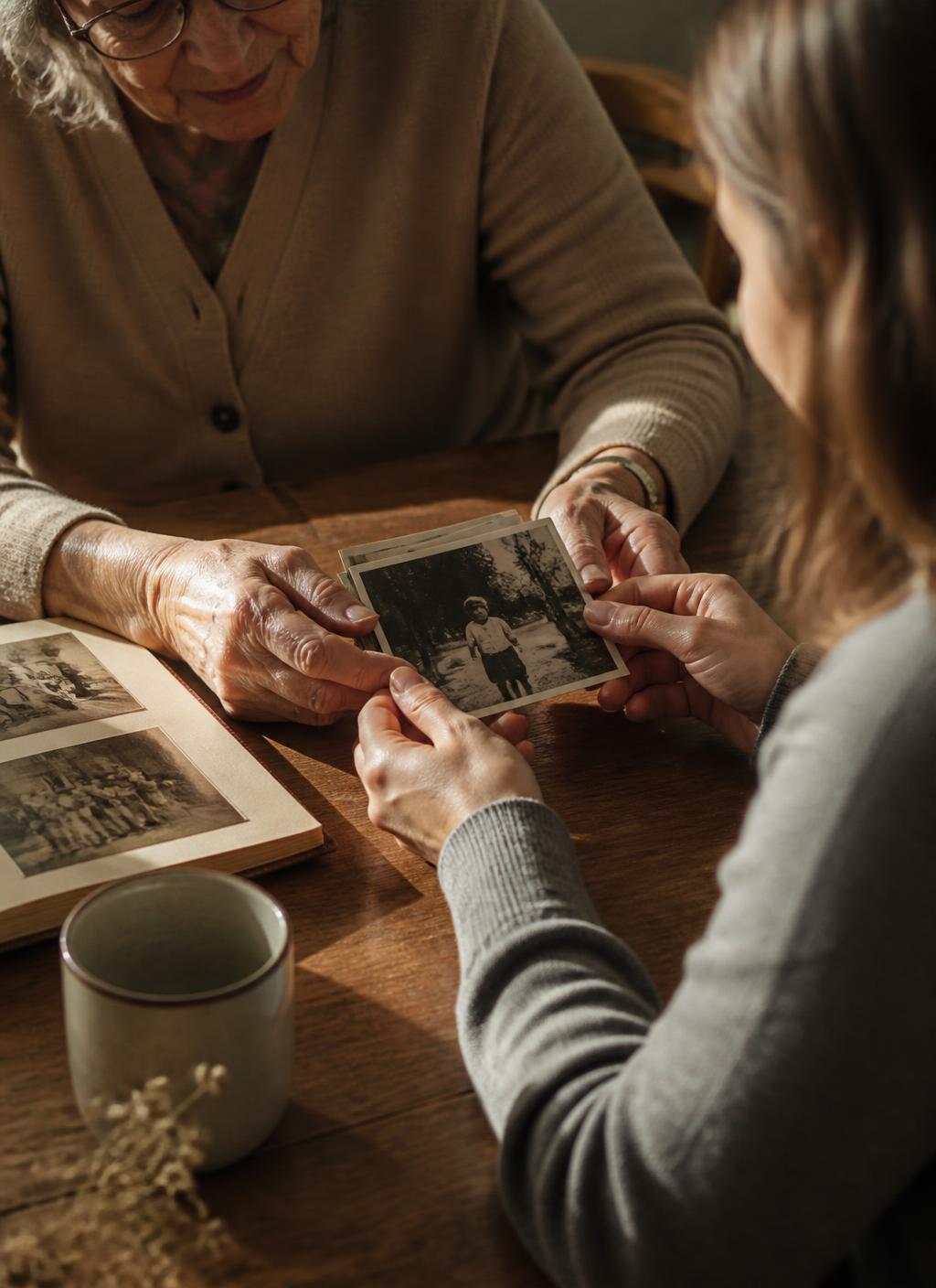 Two generations looking through old family photographs together at a wooden table