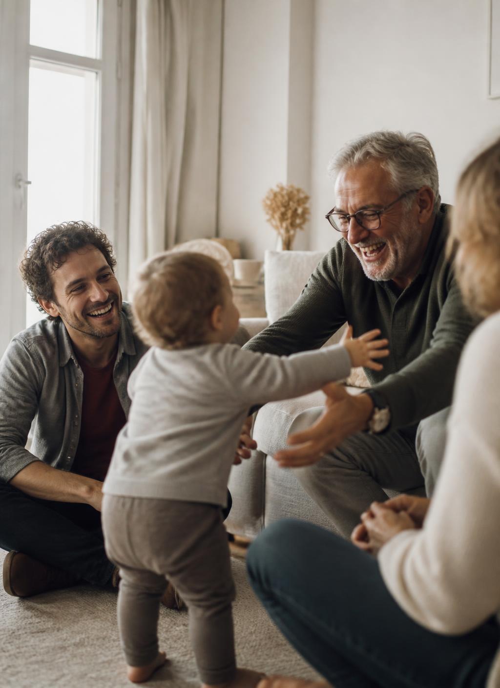 A family gathered on the floor of a sunlit room as a small child reaches out
