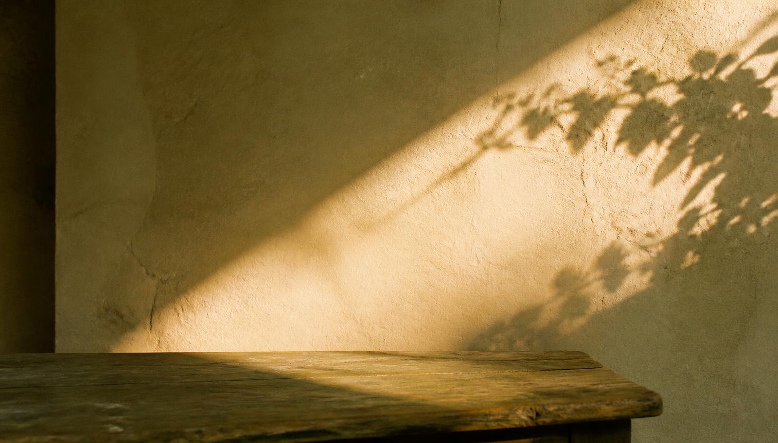 Late afternoon light and leaf shadows falling across a plaster wall and worn wooden table
