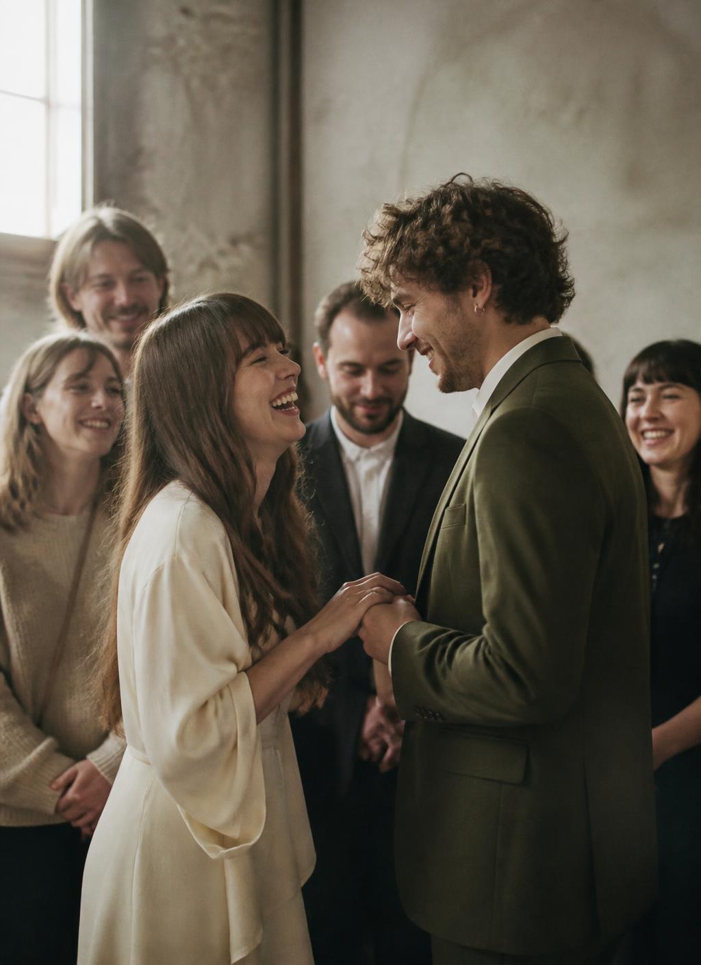 A couple laughing together surrounded by close friends in warm natural light