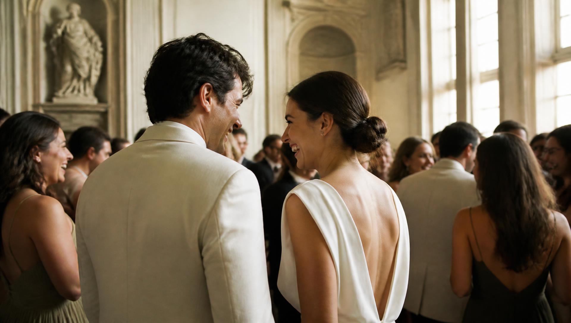 A couple laughing together among their guests in warm daylight