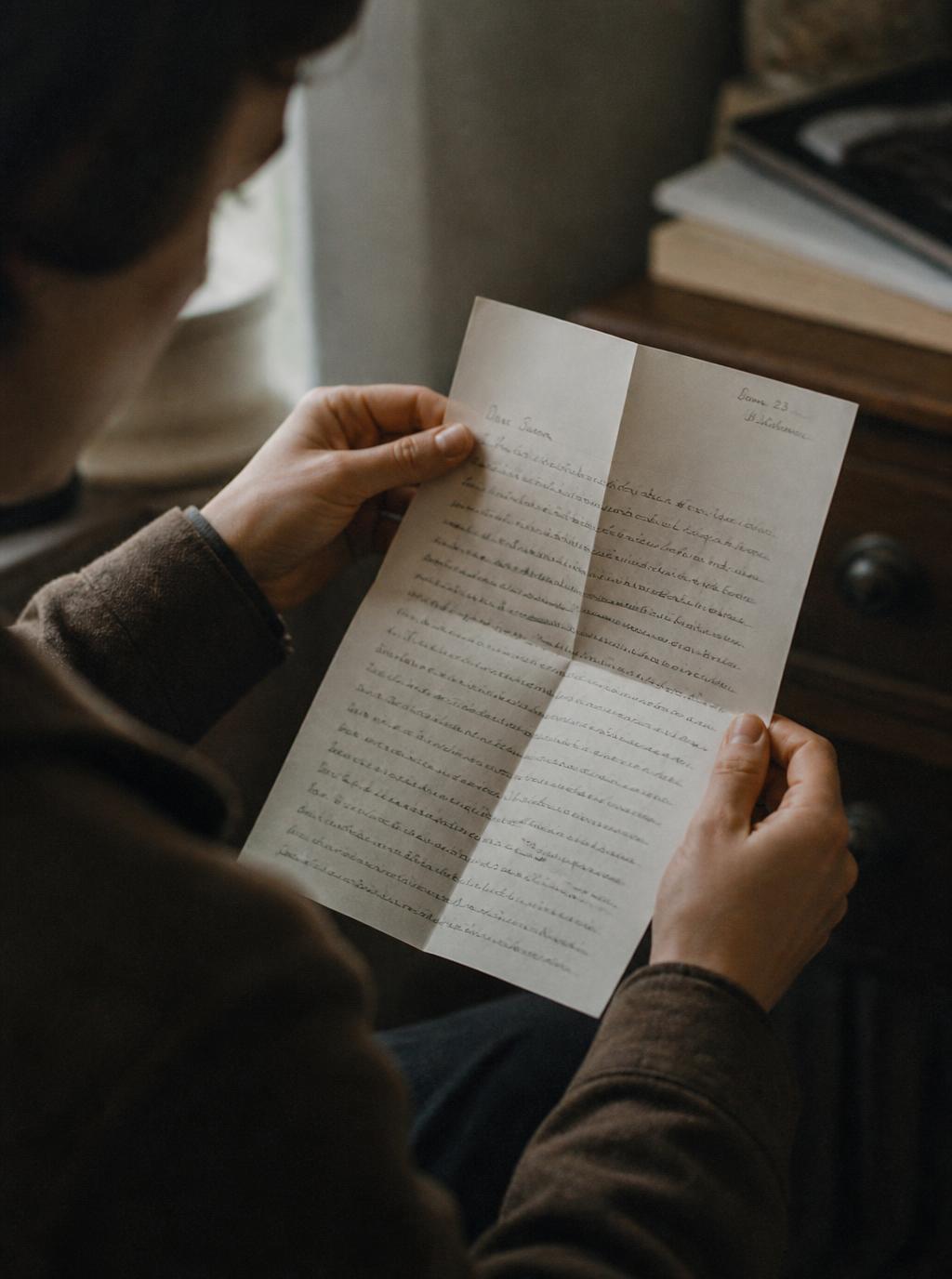 A person reading handwritten notes from a folded piece of paper